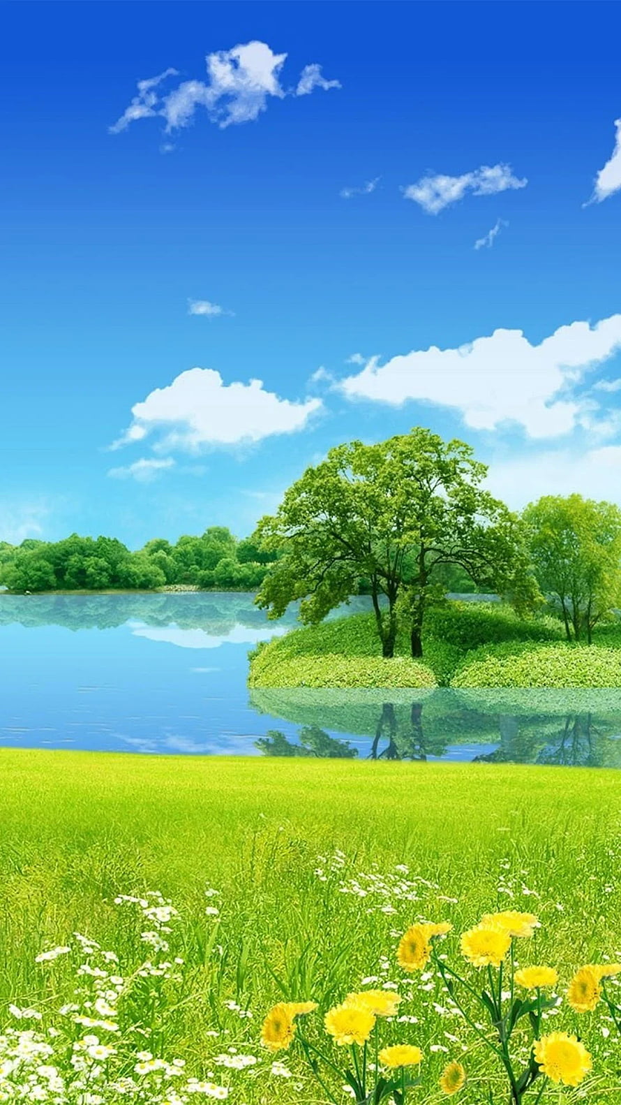 Serene Summer Lake Landscape with Green Trees, Blue Sky, and Yellow Wildflowers HD phone wallpaper