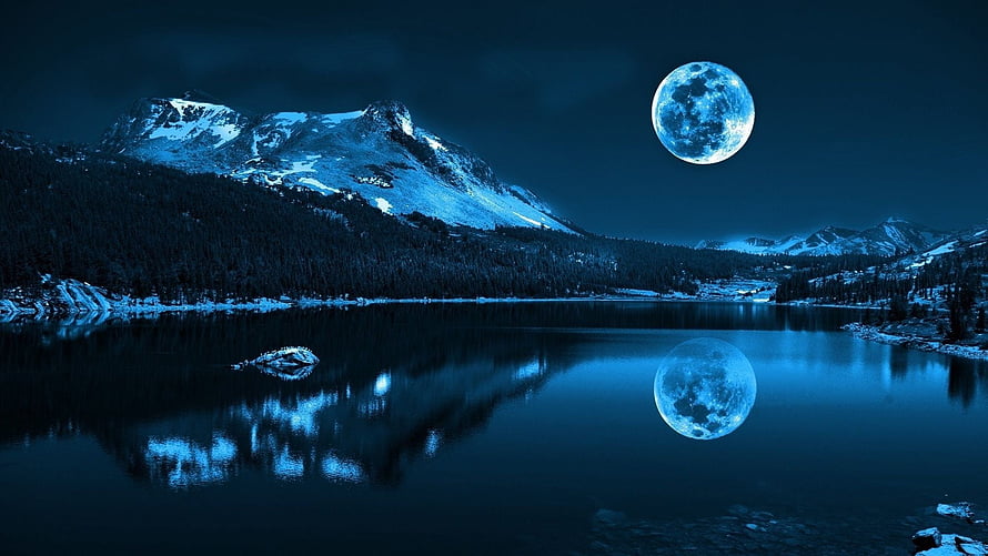 Serene Night Landscape With Full Moon Reflecting In A Mountain Lake HD wallpaper