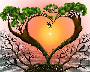 Heart-Shaped Tree with Birds and Sunlight in a Romantic Digital Illustration HD wallpaper