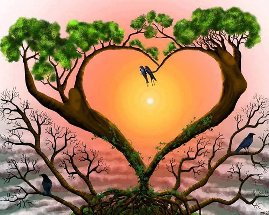 Heart-Shaped Tree with Birds and Sunlight in a Romantic Digital Illustration HD wallpaper