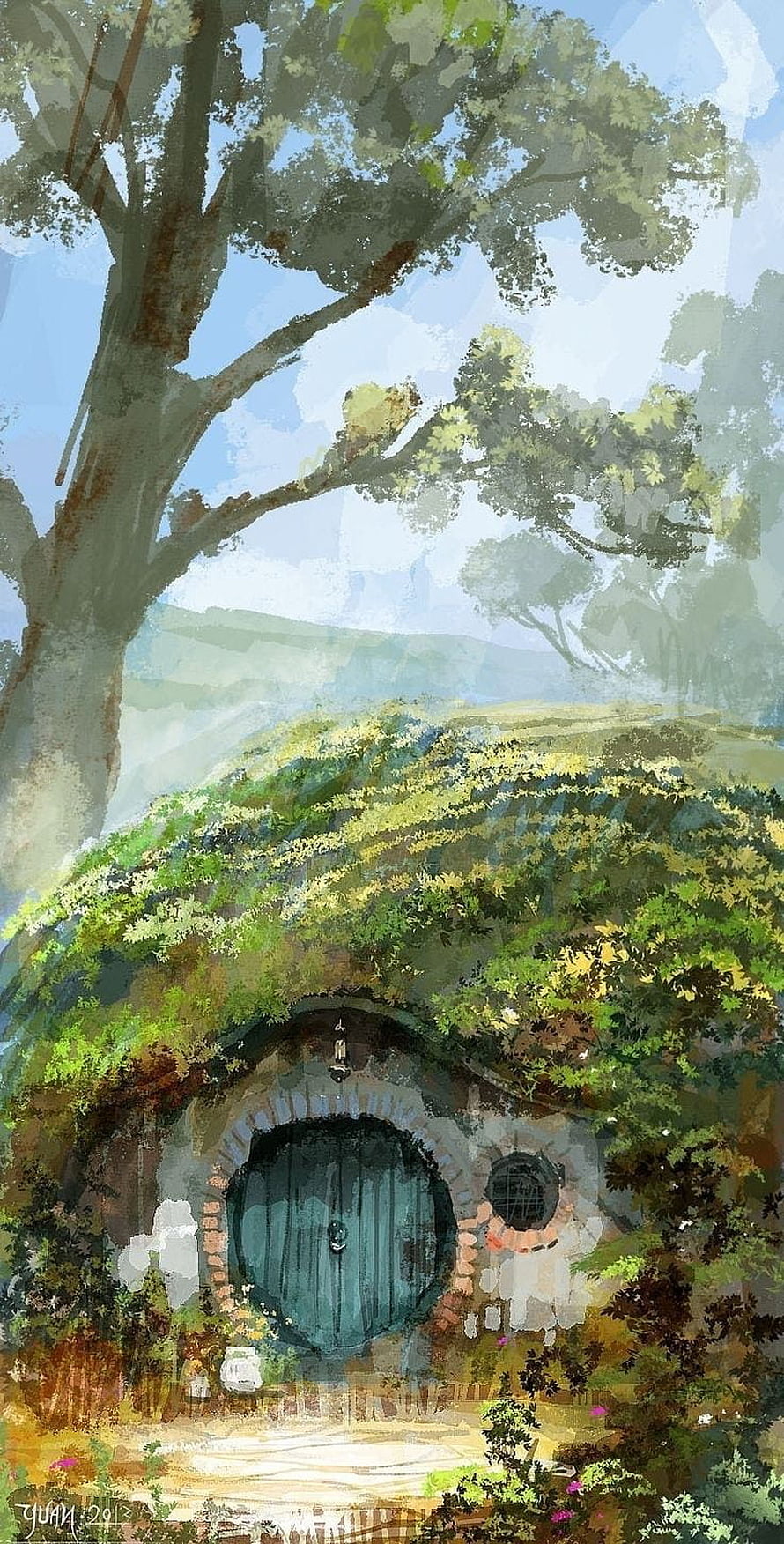 The Hobbit Hobbiton Round Door Cottage in Lush Green Hills Fantasy Landscape HD phone wallpaper