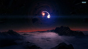 Dramatic Black Hole Over Alien Landscape with Glowing Accretion Disk and Distant Stars HD wallpaper