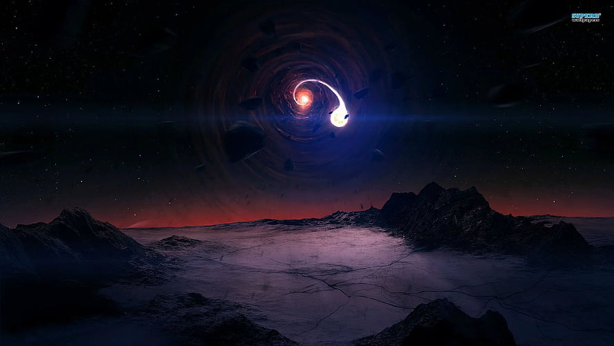 Dramatic Black Hole Over Alien Landscape with Glowing Accretion Disk and Distant Stars HD wallpaper