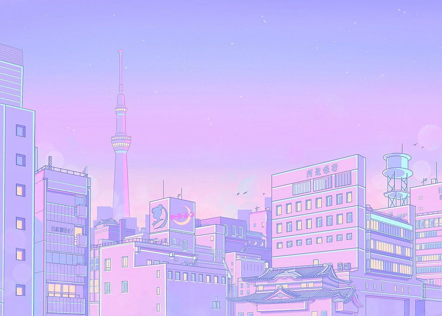 Lo-fi Anime Tokyo Skyline with Tokyo Skytree in Pastel Purple and Pink Sunset HD wallpaper