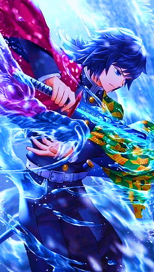 Giyu Tomioka wielding a water-infused blade in a dynamic anime action scene HD phone wallpaper