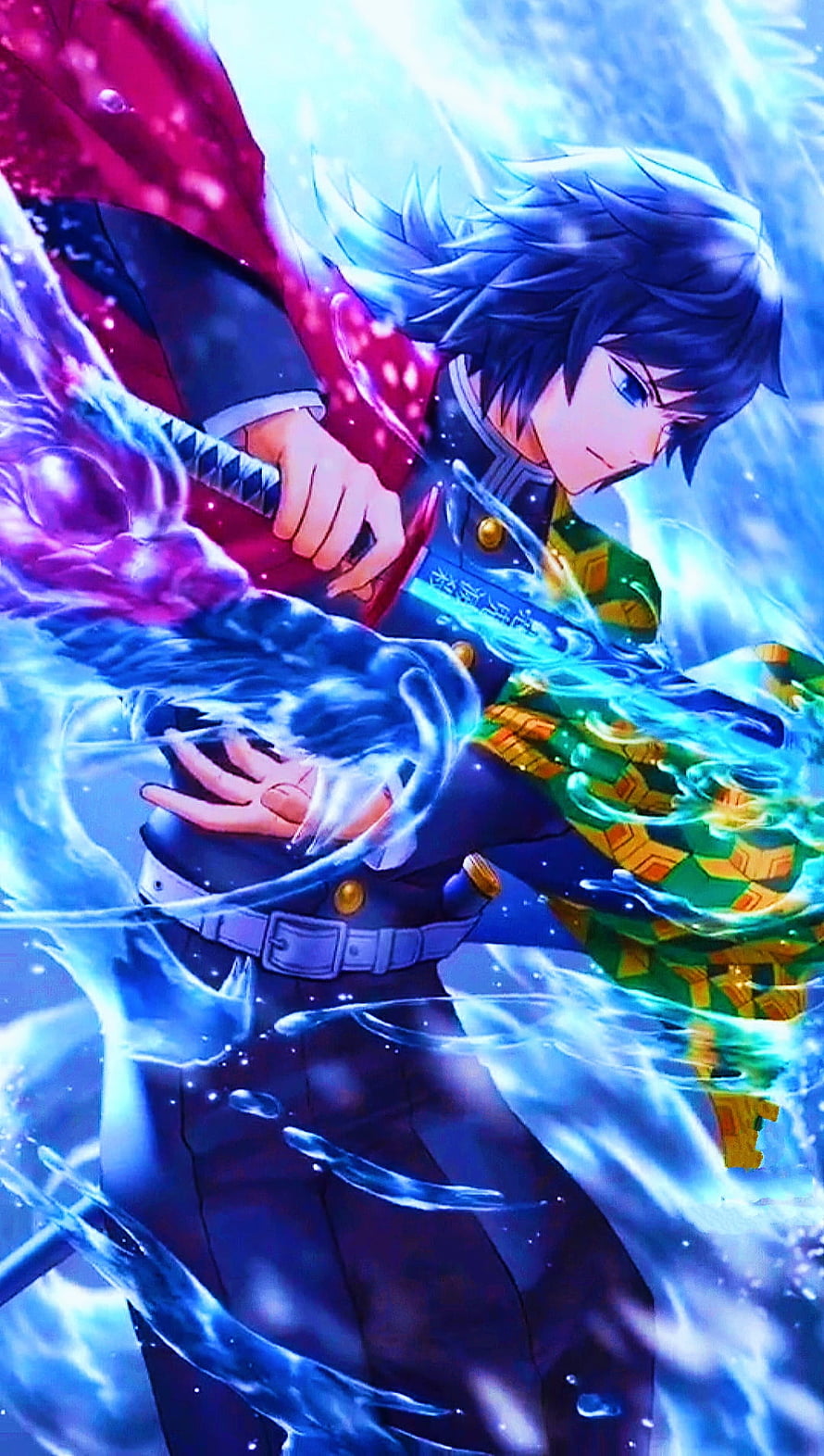 Giyu Tomioka wielding a water-infused blade in a dynamic anime action scene HD phone wallpaper