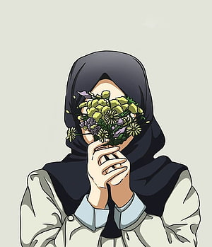 Anime Girl in Black Hijab Holding Bouquet of Flowers Covering Face HD phone wallpaper
