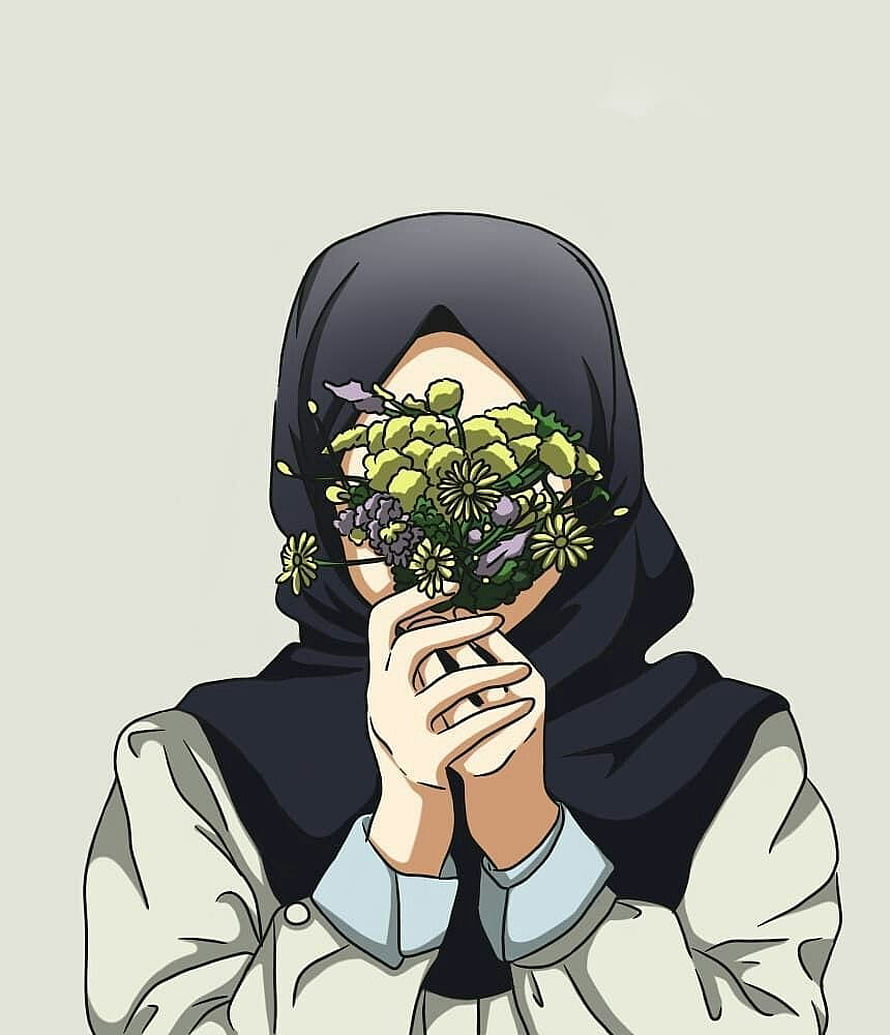 Anime Girl in Black Hijab Holding Bouquet of Flowers Covering Face HD phone wallpaper
