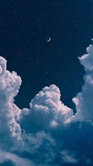 Crescent Moon and Starry Night Sky Above Fluffy Cumulus Clouds HD phone wallpaper