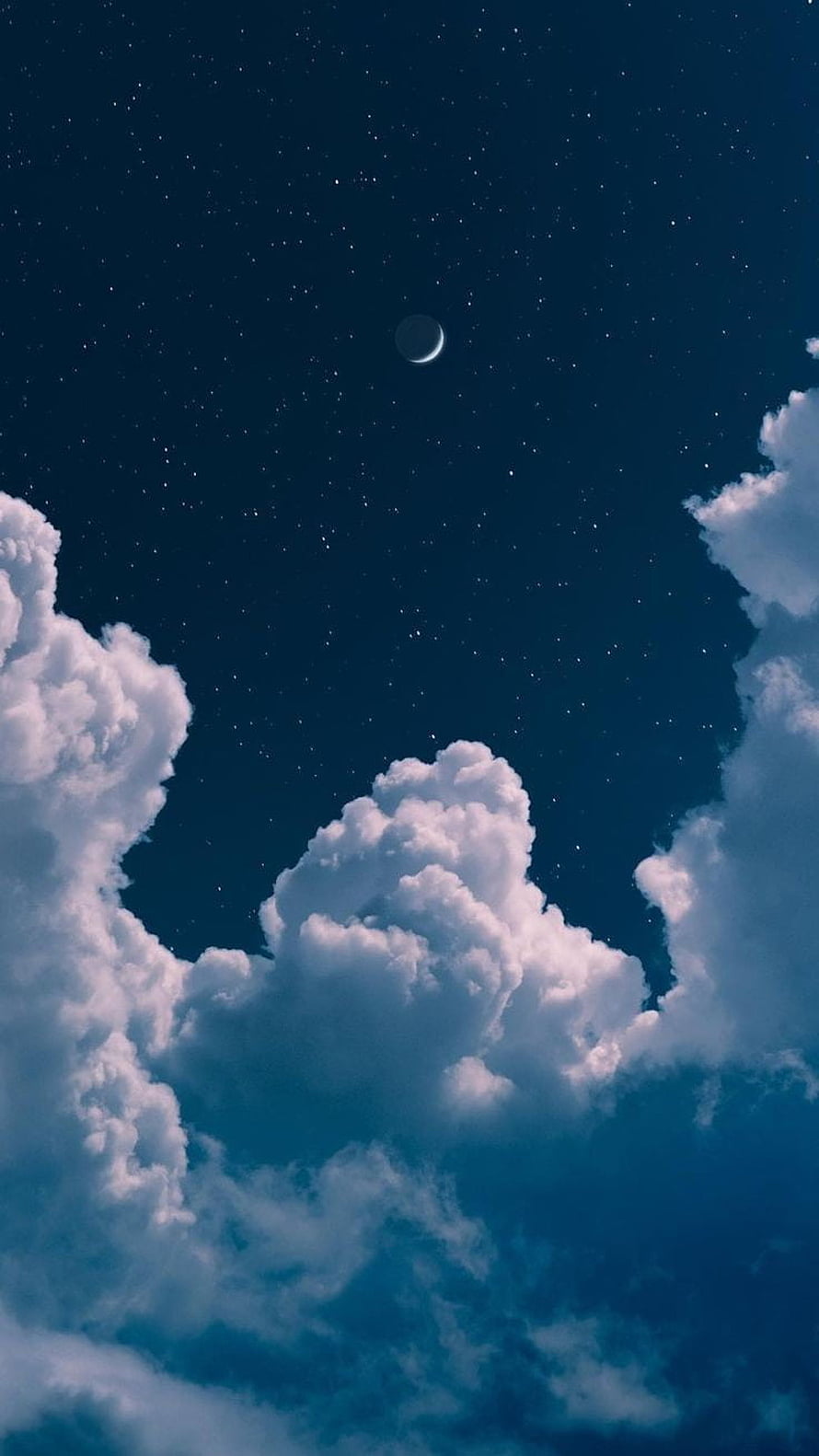 Crescent Moon and Starry Night Sky Above Fluffy Cumulus Clouds HD phone wallpaper