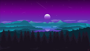 Purple Night Landscape With Moon Over Mountains And Lake HD wallpaper