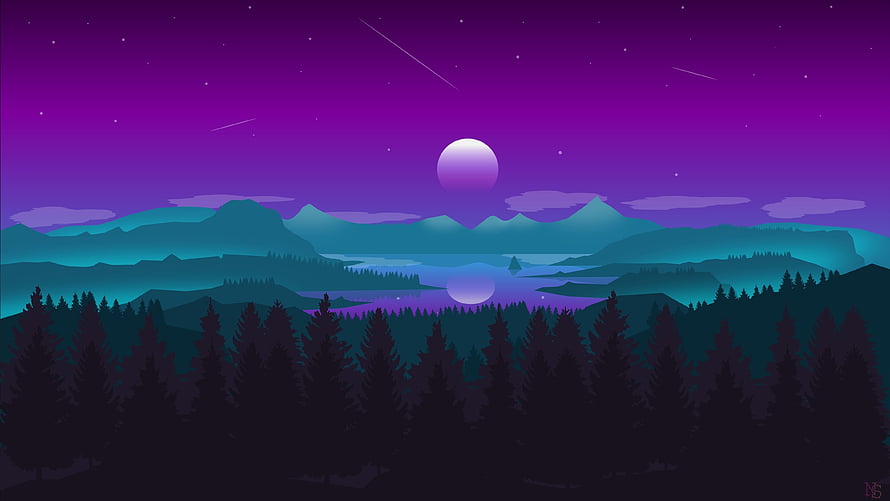 Purple Night Landscape With Moon Over Mountains And Lake HD wallpaper