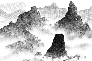 Vagabond manga landscape by Takehiko Inoue featuring a lone figure on a misty mountain peak HD wallpaper