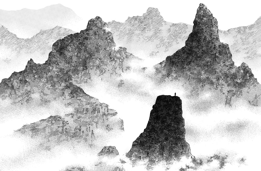 Vagabond manga landscape by Takehiko Inoue featuring a lone figure on a misty mountain peak HD wallpaper