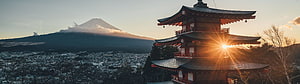 Sunset Behind Traditional Japanese Pagoda With Mount Fuji In Background HD wallpaper