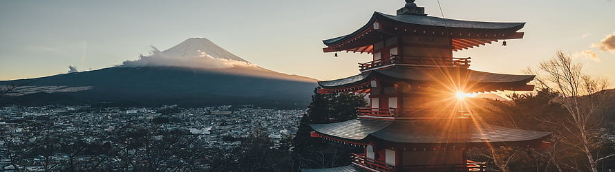 Sunset Behind Traditional Japanese Pagoda With Mount Fuji In Background HD wallpaper