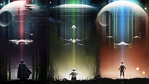 Star Wars Triptych Art Featuring Darth Vader, Yoda, and Luke Skywalker with X-Wing Fighters HD wallpaper