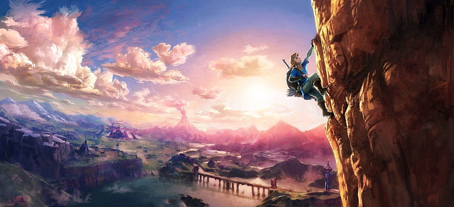 Link climbing a cliff overlooking the vast Hyrule landscape in The Legend of Zelda Breath of the Wild HD wallpaper