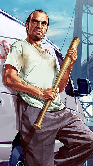 Franklin Clinton from Grand Theft Auto V Holding a Baseball Bat in a Digital Painting HD phone wallpaper