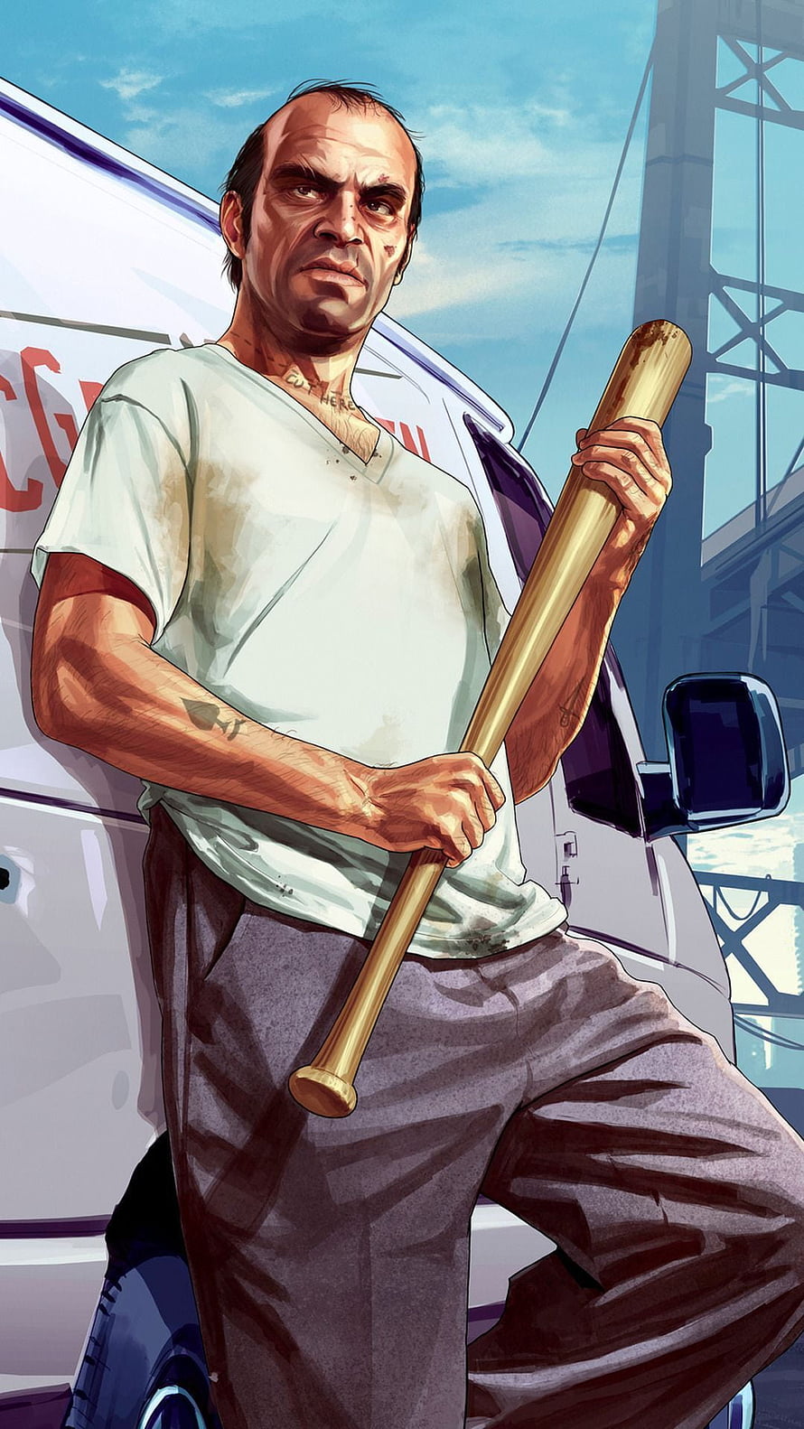 Franklin Clinton from Grand Theft Auto V Holding a Baseball Bat in a Digital Painting HD phone wallpaper