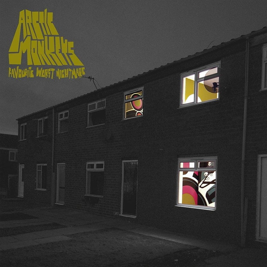 Arctic Monkeys Favourite Worst Nightmare album cover art featuring a row of terraced houses at night with colorful abstract patterns glowing in the windows HD phone wallpaper