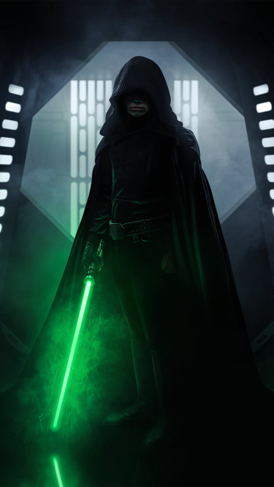 Mysterious Jedi Knight in Black Robes Wielding Green Lightsaber in Dark Corridor HD phone wallpaper