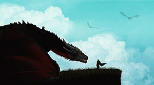 Game of Thrones Fantasy Dragon and Knight Confrontation on Cliff Edge HD wallpaper