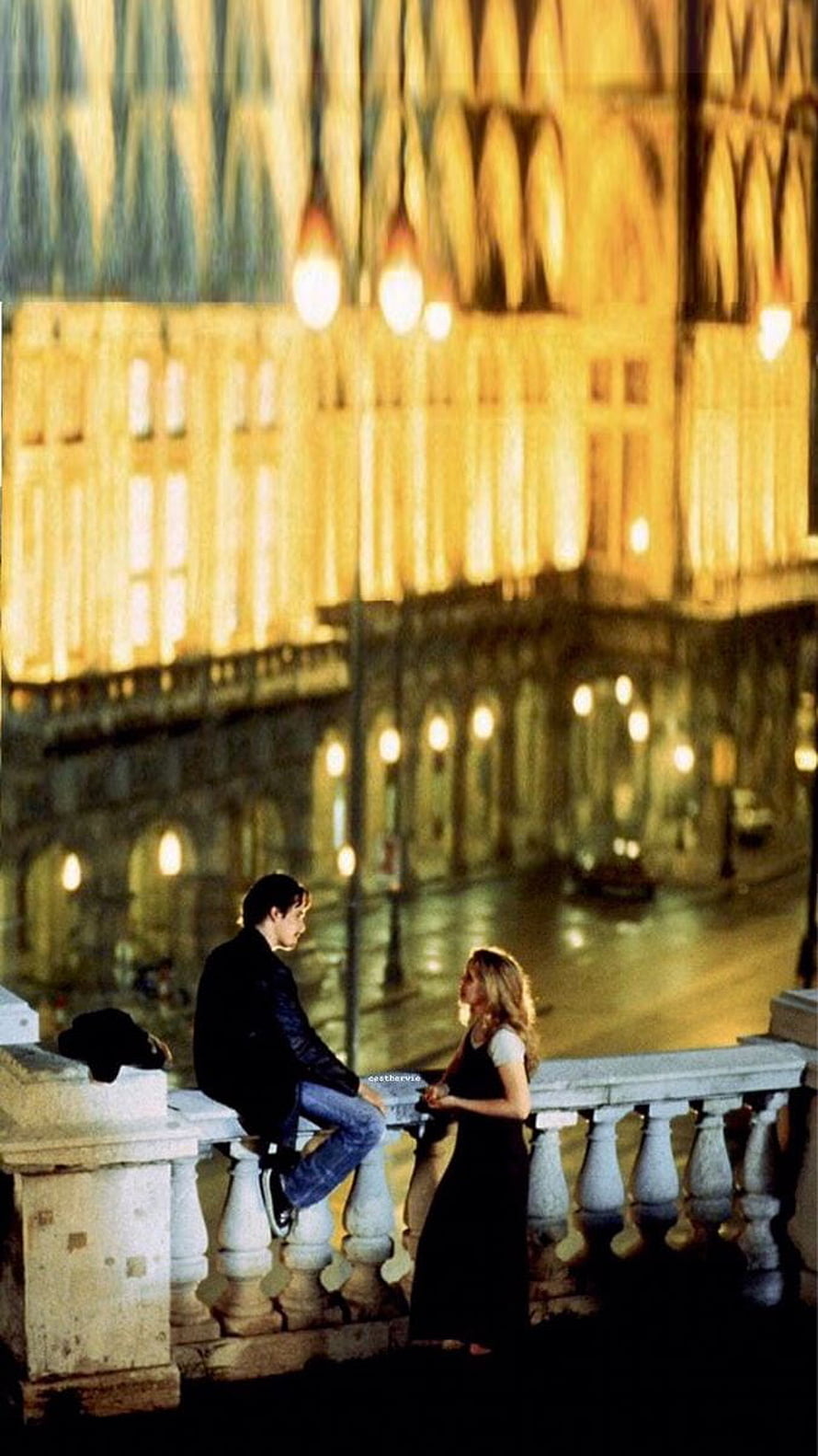 Before Sunrise Movie Scene: Couple on a Balcony at Night in a European City HD phone wallpaper