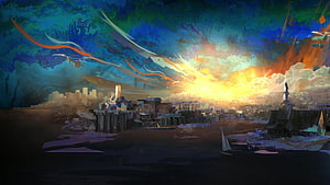 Disco Elysium Concept Art: Dramatic Cityscape at Dusk with Vibrant Sky HD wallpaper