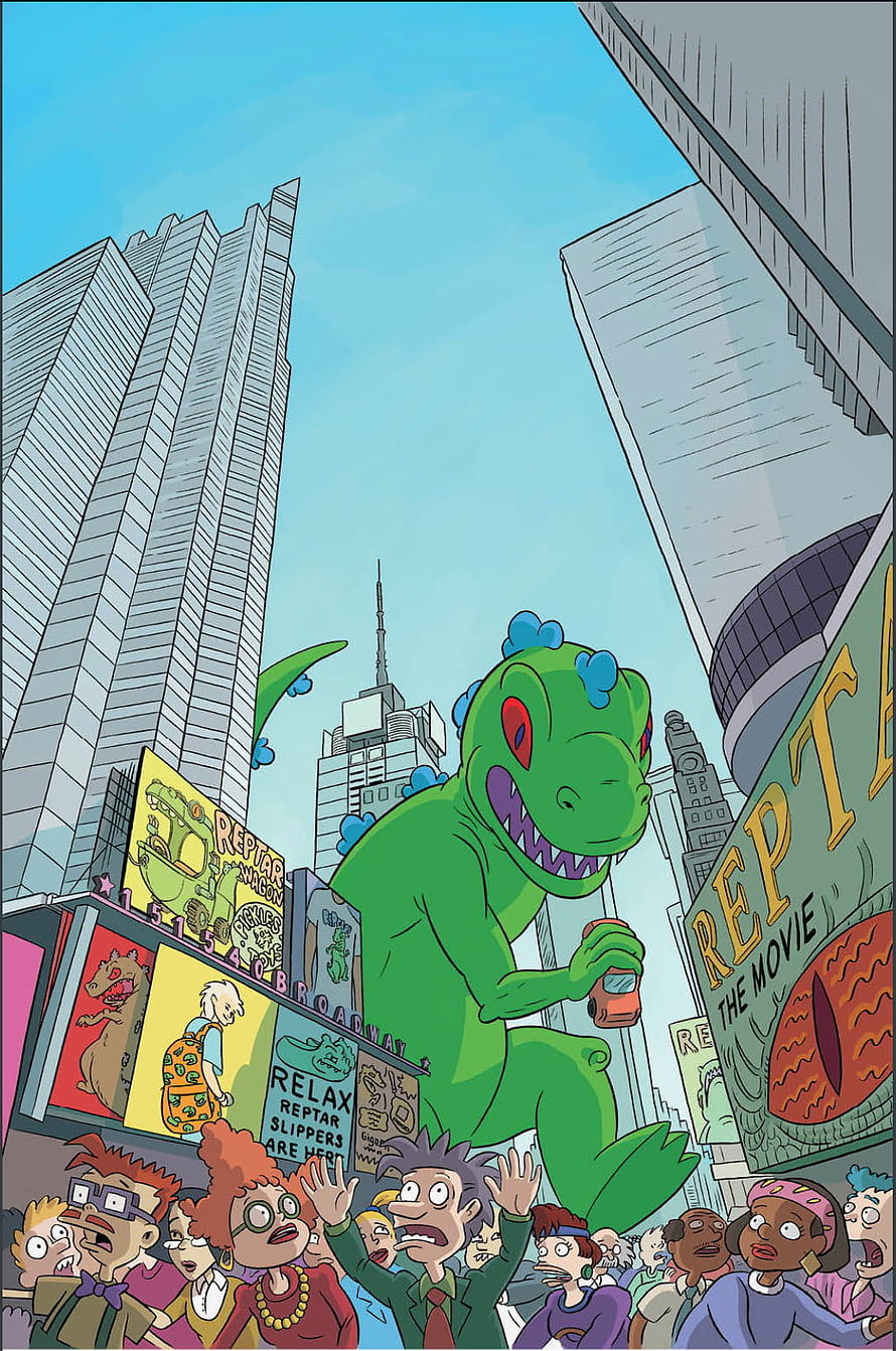 Reptar the Movie Giant Green Dinosaur Walking Through City Streets HD phone wallpaper