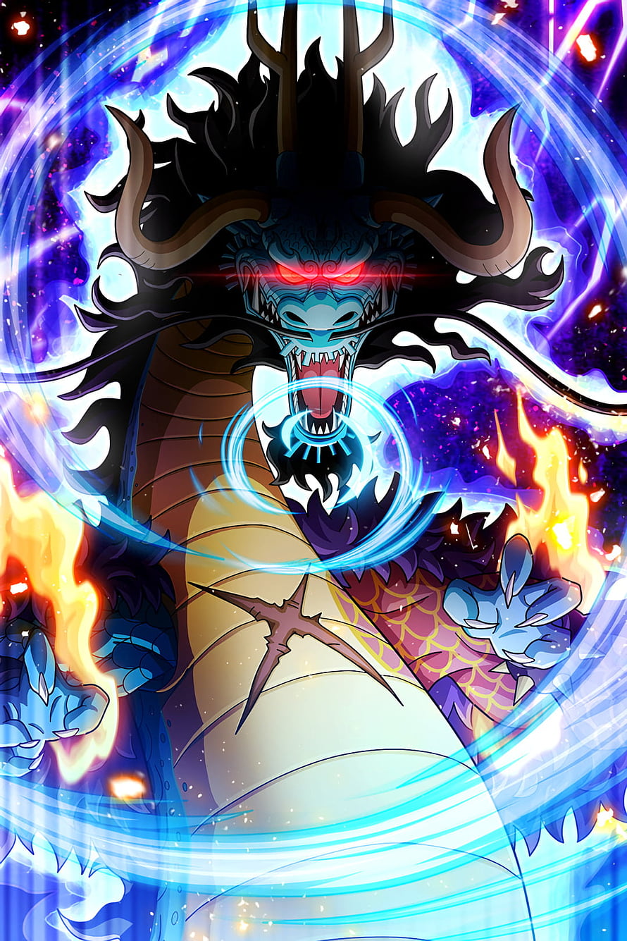 Kaido Dragon Form from One Piece Wano Arc with Cosmic Energy and Flames HD phone wallpaper