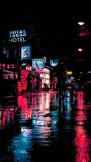 Neon-lit wet street at night with reflections of Royal Lanna Hotel and Fullers Red Lion signs in Chiang Mai, Thailand HD phone wallpaper