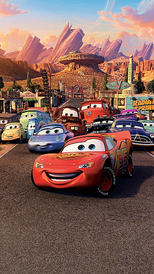 Lightning McQueen and friends in Radiator Springs from Disney Pixar Cars movie animated wallpaper HD phone wallpaper