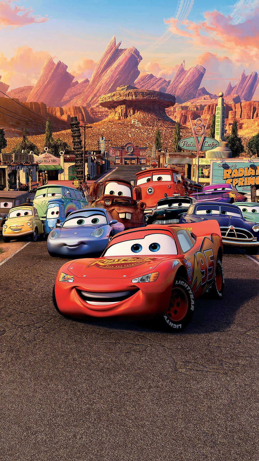 Lightning McQueen and friends in Radiator Springs from Disney Pixar Cars movie animated wallpaper HD phone wallpaper