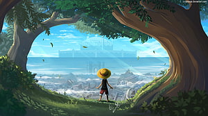 Monkey D. Luffy Looking at Marineford Ruins Through Forest Archway HD wallpaper