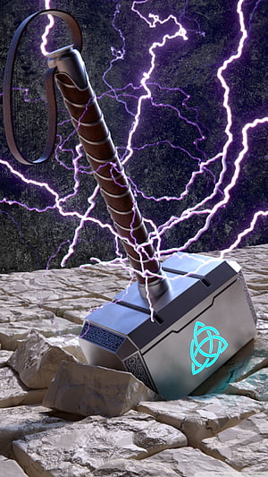 Thor's Mjolnir Hammer Embedded in Stone with Purple Lightning and Glowing Rune HD phone wallpaper