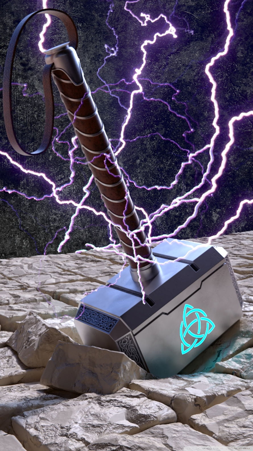 Thor's Mjolnir Hammer Embedded in Stone with Purple Lightning and Glowing Rune HD phone wallpaper