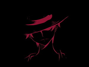 Monkey D. Luffy Minimalist Line Art Portrait in Crimson on Black Background HD wallpaper