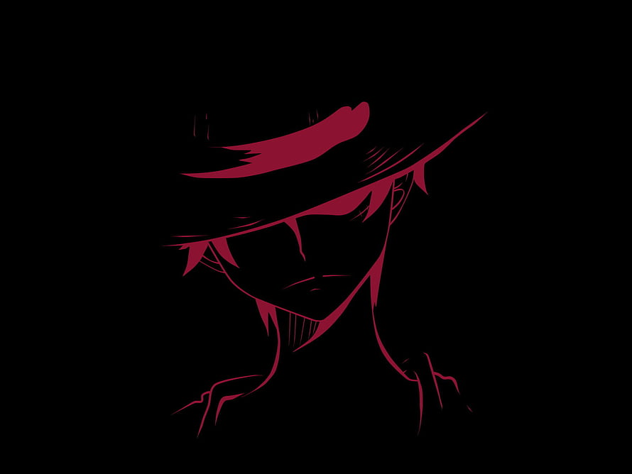 Monkey D. Luffy Minimalist Line Art Portrait in Crimson on Black Background HD wallpaper