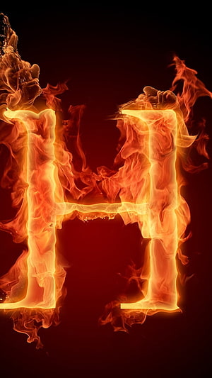 Burning Letter H in Vivid Orange Flames Against a Dark Background HD phone wallpaper