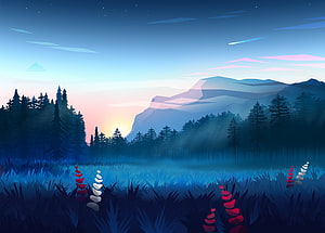 Low Poly Mountain Forest Landscape at Twilight with Shooting Star HD wallpaper