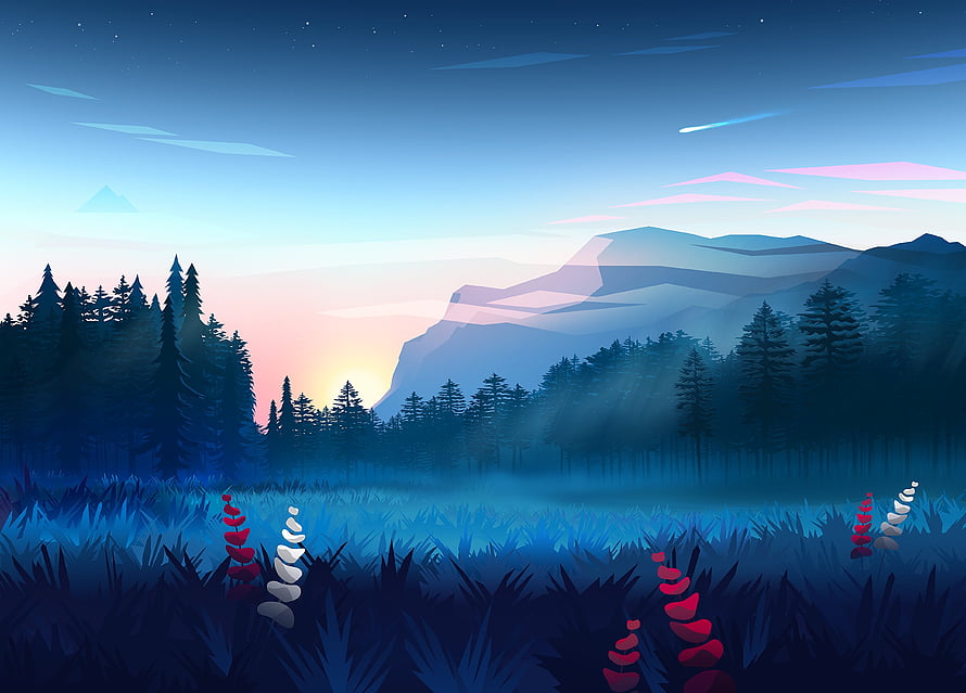 Low Poly Mountain Forest Landscape at Twilight with Shooting Star HD wallpaper