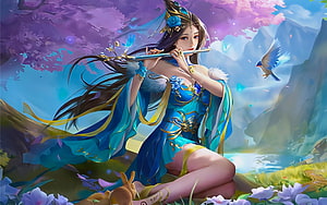 Fantasy Woman Playing Flute in a Sakura Garden with Birds and Flowers, Music for a Bird, bird, musician, art, fantasy, girl, woman, blue, , digital, pretty, sakura HD wallpaper