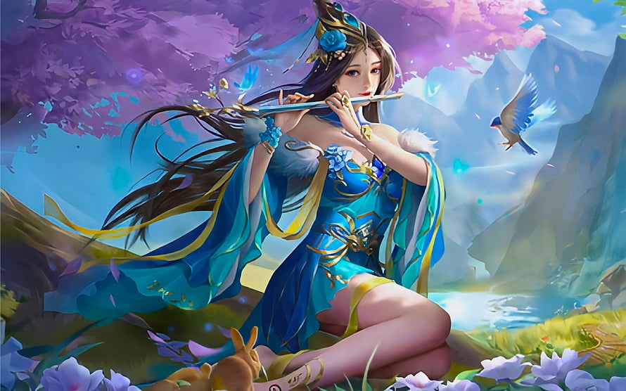 Fantasy Woman Playing Flute in a Sakura Garden with Birds and Flowers, Music for a Bird, bird, musician, art, fantasy, girl, woman, blue, , digital, pretty, sakura HD wallpaper