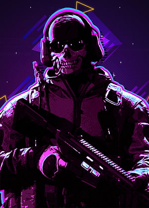 Neon Cyberpunk Skull Soldier with Tactical Rifle and Headset HD phone wallpaper