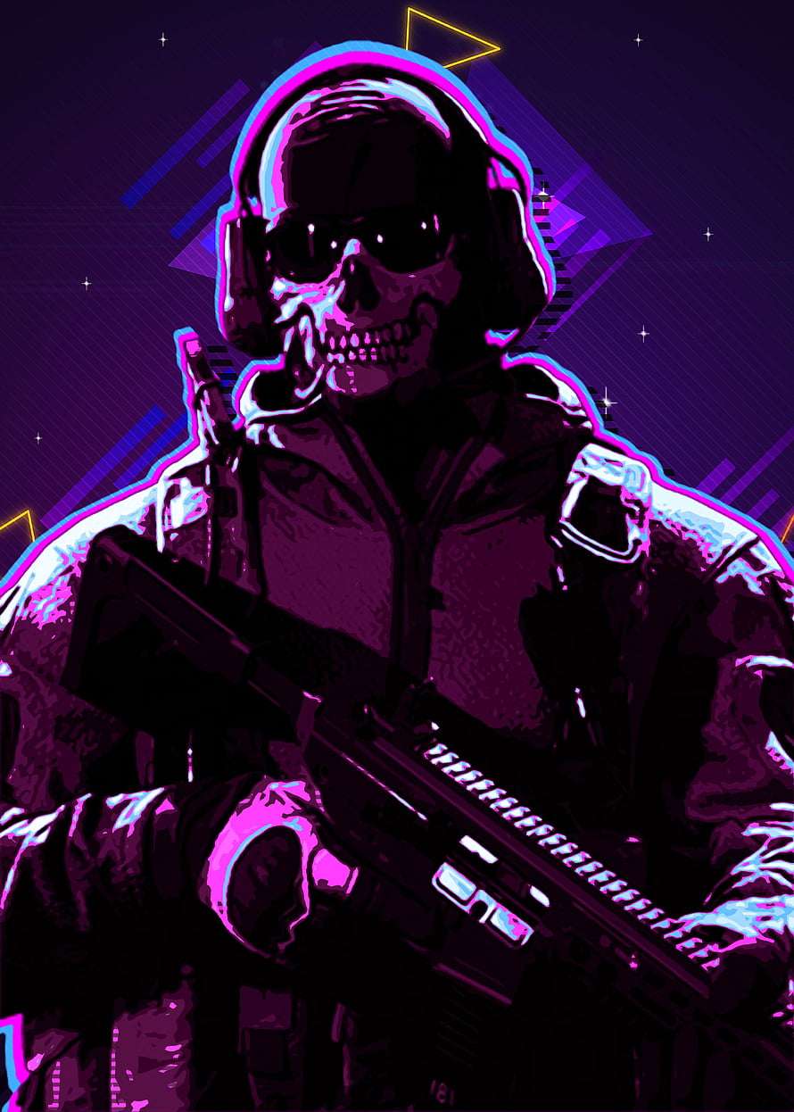 Neon Cyberpunk Skull Soldier with Tactical Rifle and Headset HD phone wallpaper