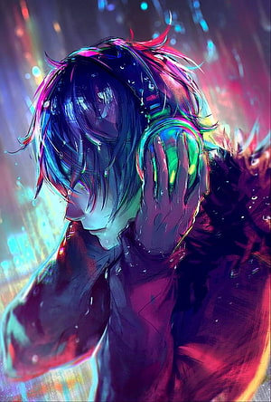 Emotional Anime Character Wearing Headphones in the Rain with Neon Lighting HD phone wallpaper