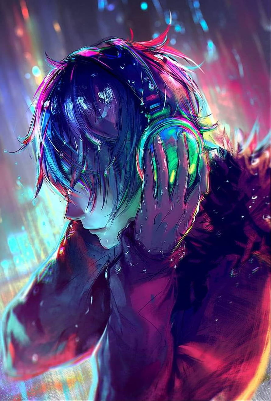 Emotional Anime Character Wearing Headphones in the Rain with Neon Lighting HD phone wallpaper