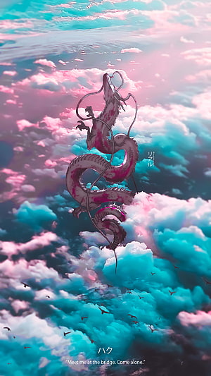 Haku Dragon from Spirited Away Soaring Through Dreamy Pink and Teal Clouds HD phone wallpaper