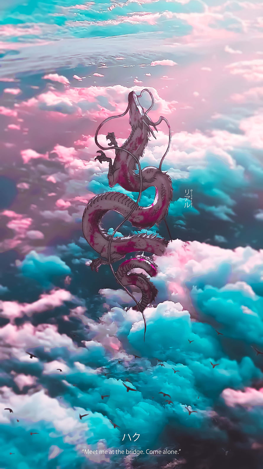 Haku Dragon from Spirited Away Soaring Through Dreamy Pink and Teal Clouds HD phone wallpaper